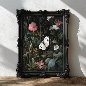 White Butterfly Floral Painting Wall Art Print, Dark Gothic Wall Art, Dark Botan
